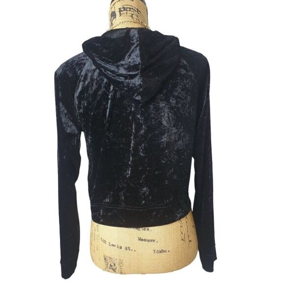 Girls Velour Hooded Jacket L Black Lightweight Chic Zip Up Jacket Pockets Lg - Picture 2 of 7
